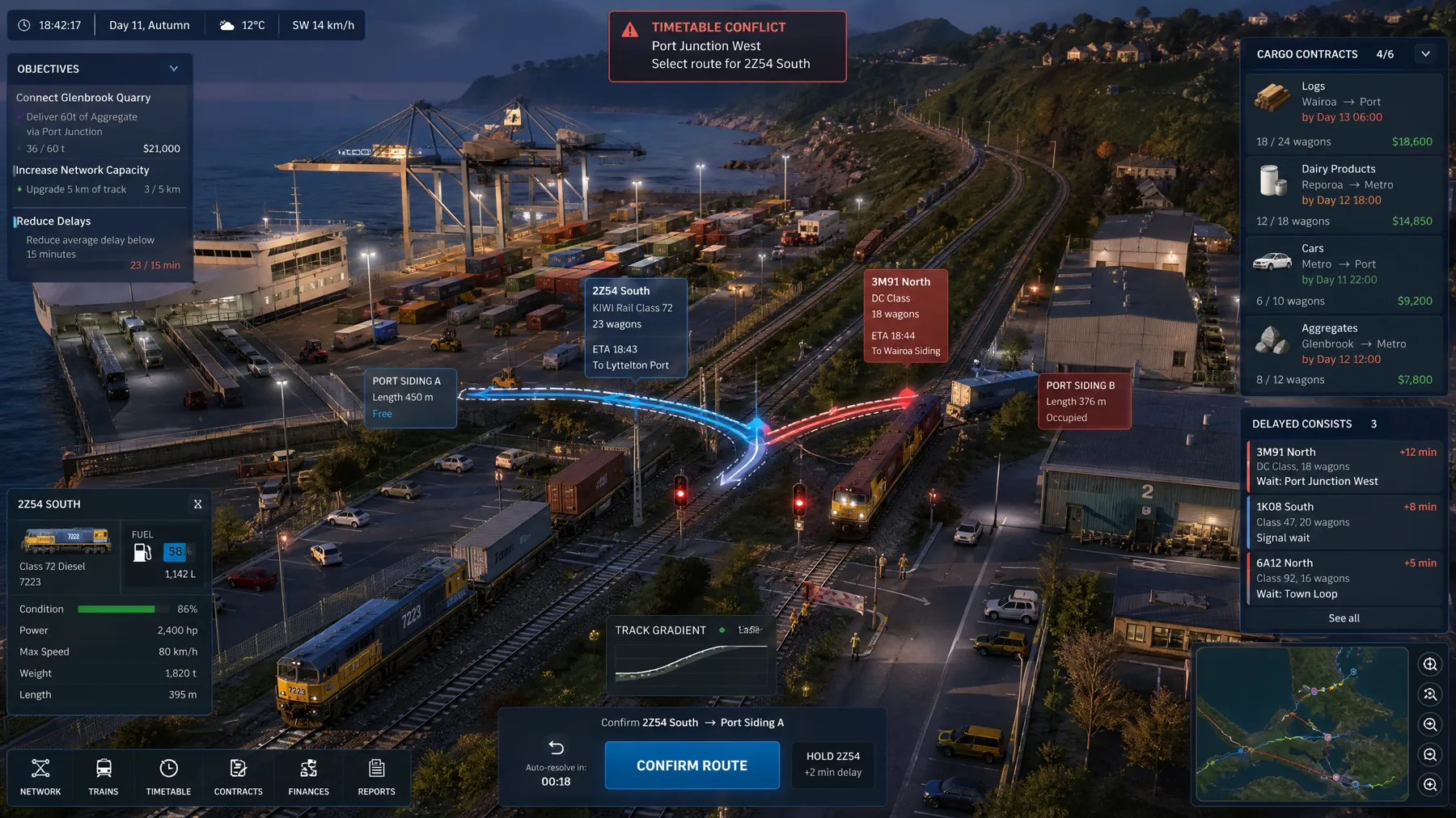 Isometric rail logistics gameplay at a busy port with route arrows, gradients and contract deadlines.