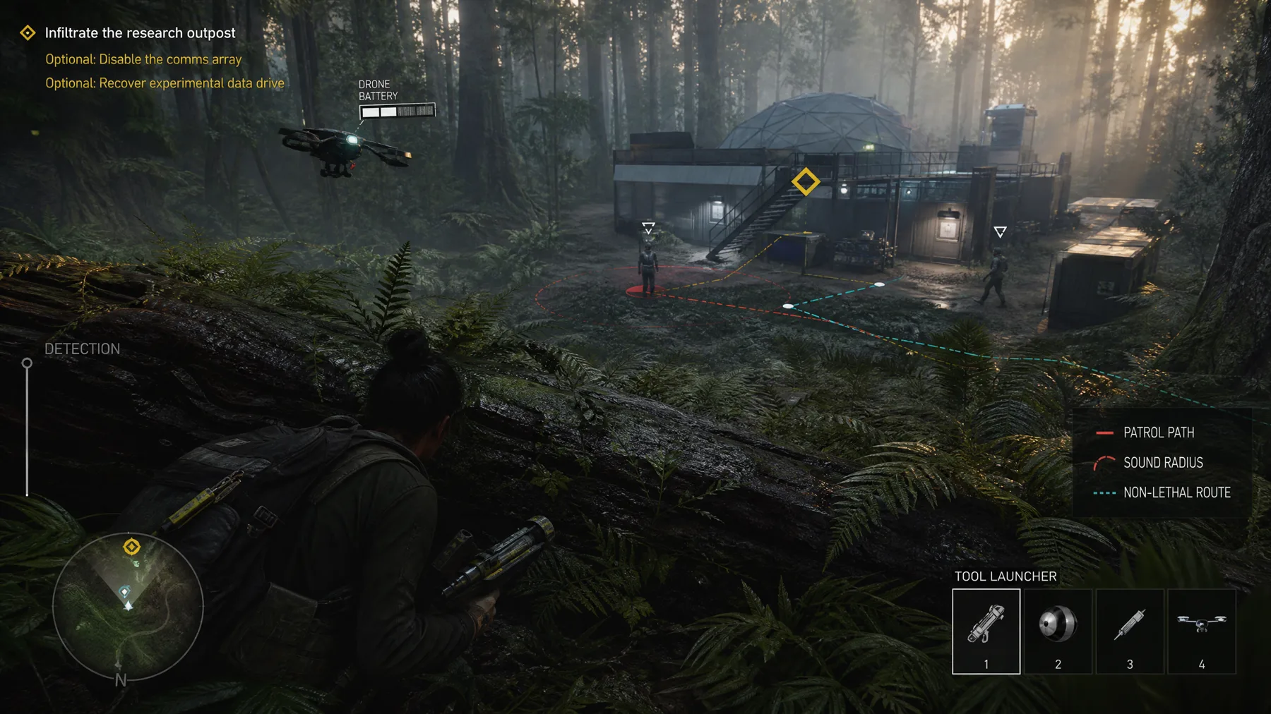 A stealth player scouts a forest outpost with a compact drone, patrol paths and sound-radius indicators.