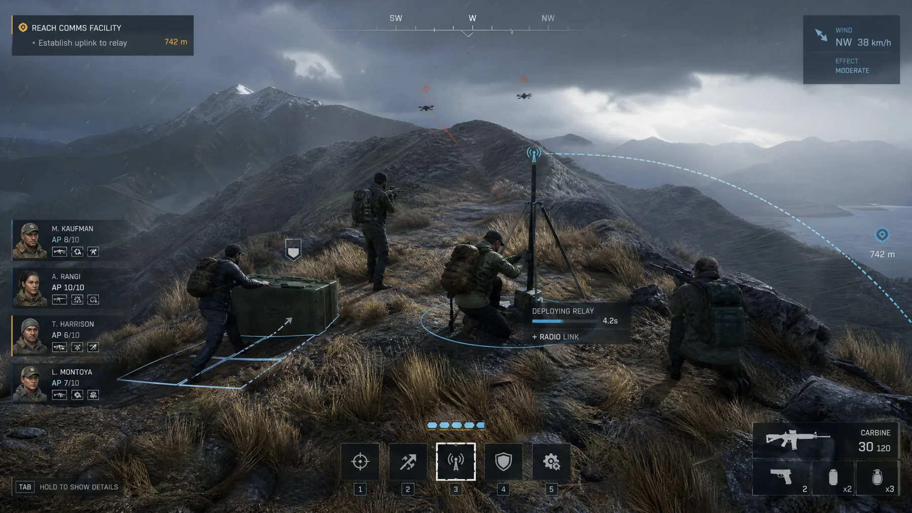 A four-person tactical squad deploys a radio relay and movable cover on a stormy alpine ridge.