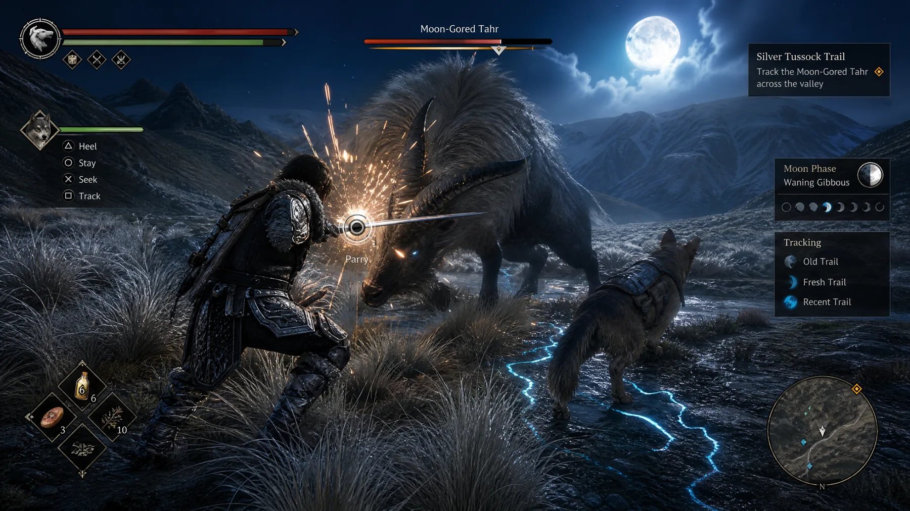 A warrior parries a moonlit creature while a tracking companion marks glowing tracks in a tussock valley.