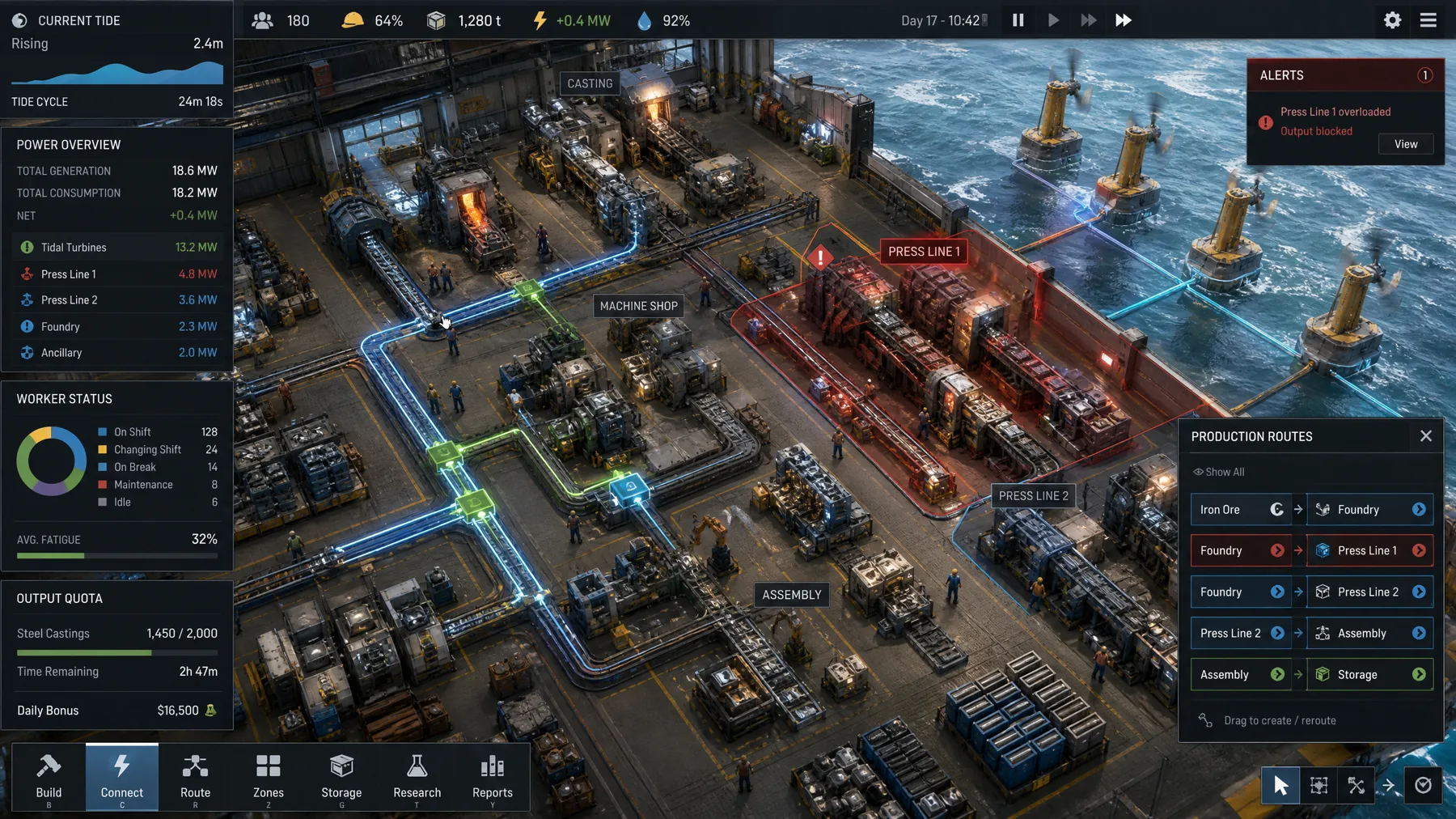 An isometric coastal foundry uses tidal turbines while workers change shifts and an overloaded press flashes a warning.